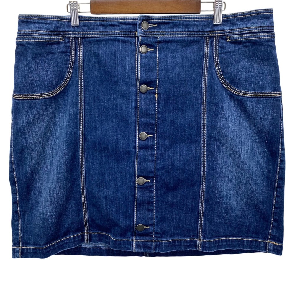 CJ Banks Womens 20W Blue Denim Button Front A‎ Line Skirt Y2K Classic Dark Wash